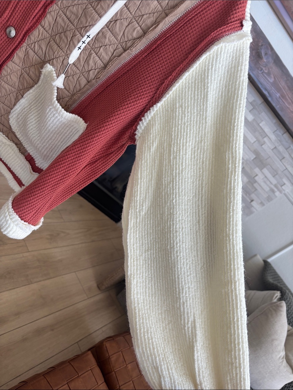 POL Quilted & Knit Hooded Cardigan Sweater - Rust, Tan & Cream - Picture 3 of 5